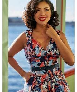 New In Miss Candyfloss Zelene Lee Floral 70's Jumpsuit Navy Blue