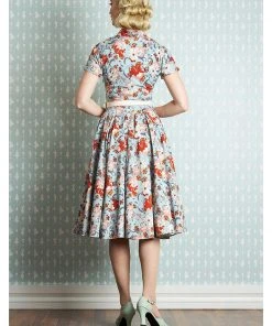 New In Miss Candyfloss Alessandra Regina Floral 50's Swing Dress Sky Blauw