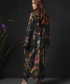 One Hundred Stars Eccentric Blooms Crepe Long Kimono Grey New In