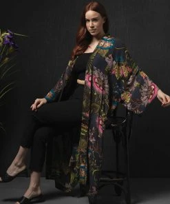 One Hundred Stars Eccentric Blooms Crepe Long Kimono Grey New In