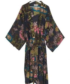 One Hundred Stars Eccentric Blooms Crepe Long Kimono Grey New In