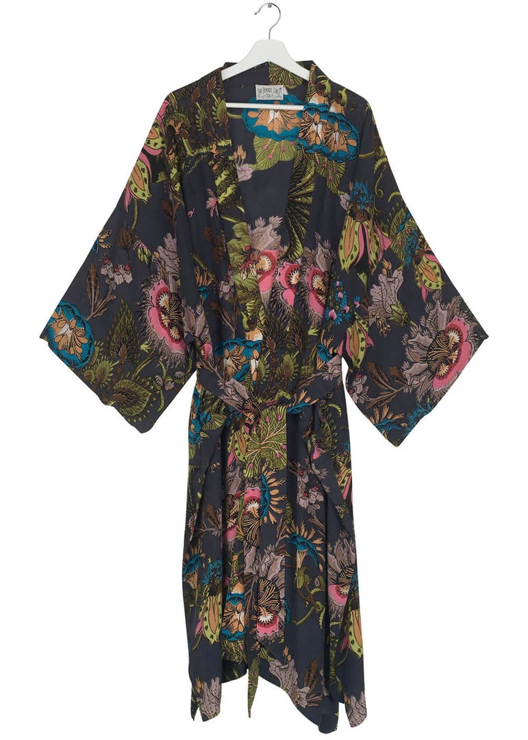 One Hundred Stars Eccentric Blooms Crepe Long Kimono Grey New In