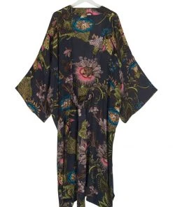 One Hundred Stars Eccentric Blooms Crepe Long Kimono Grey New In