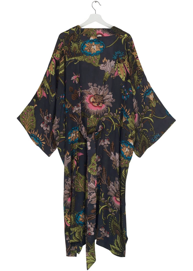 One Hundred Stars Eccentric Blooms Crepe Long Kimono Grey New In