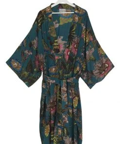 One Hundred Stars Eccentric Blooms Crepe Long Kimono Teal New In