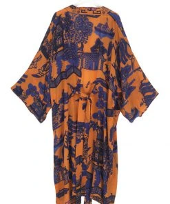 One Hundred Stars Giant Willow Crepe Long Kimono Orange