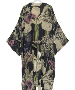 One Hundred Stars Iris Crepe Long Kimono Black New In