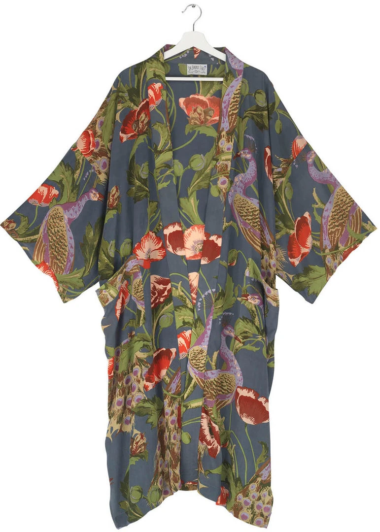 One Hundred Stars Peacock & Poppies Crepe Long Kimono Grey New In