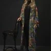 One Hundred Stars Peacock & Poppies Crepe Long Kimono Grey New In