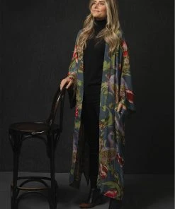 One Hundred Stars Peacock & Poppies Crepe Long Kimono Grey New In
