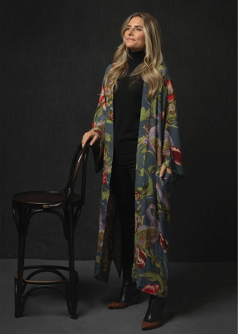 One Hundred Stars Peacock & Poppies Crepe Long Kimono Grey New In