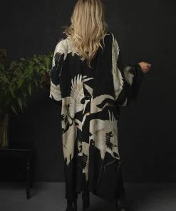 New In One Hundred Stars Stork Crepe Long Kimono Black