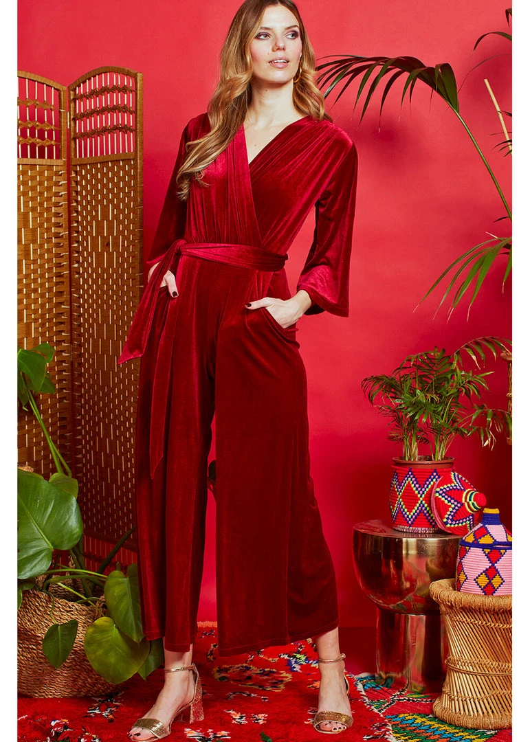 Onjenu Laurie Velvet 70's Jumpsuit In Bordeaux
