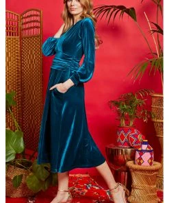 New In Onjenu Sharon Velvet 70's Midi Dress Teal
