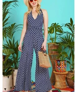 New In Onjenu Ciara Polkadot 70's Jumpsuit Navy Blue