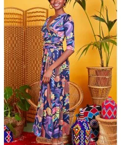 Onjenu Crawford Neon Dragon 70's Maxi Dress Navy New In
