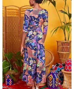 Onjenu Crawford Neon Dragon 70's Maxi Dress Navy New In