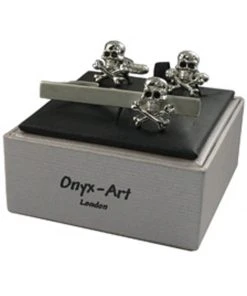 Onyx Art Men Set Cufflinks With Tie Bar Skull And Crossbone Silver New In