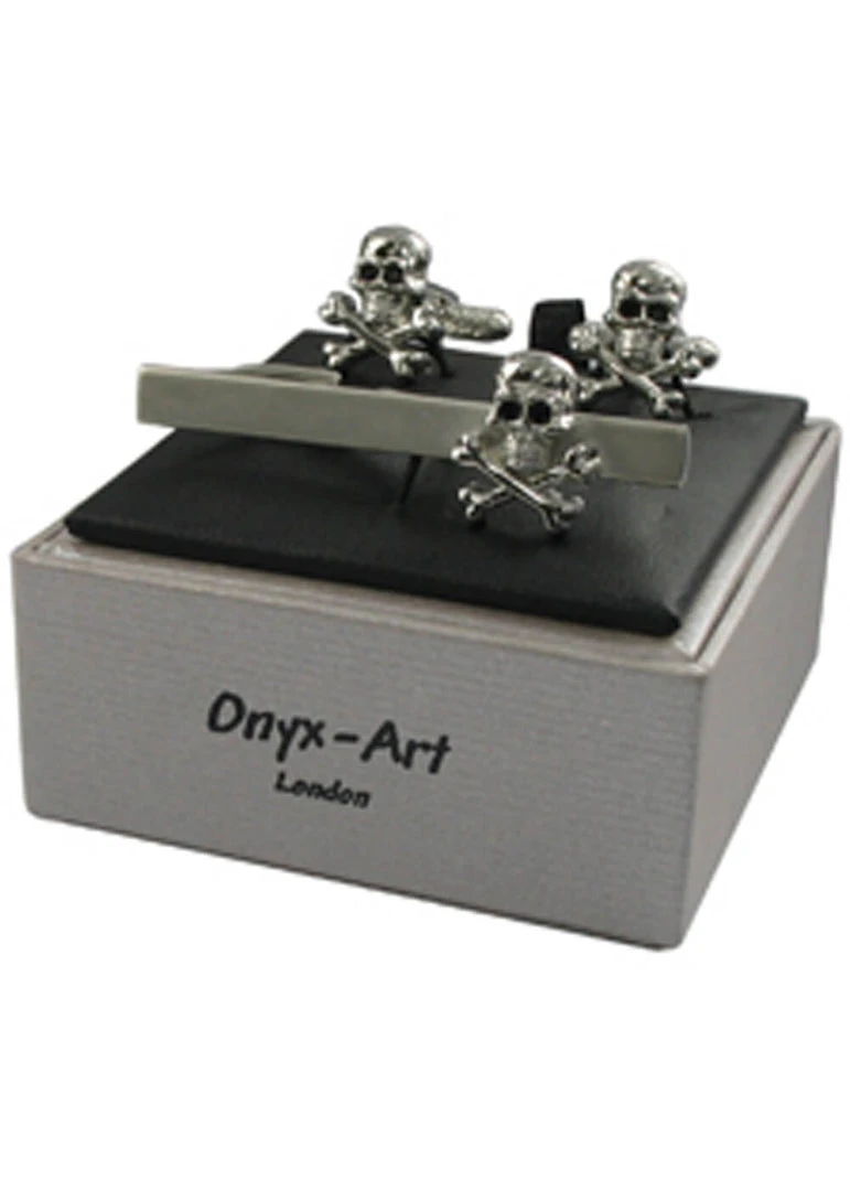 Onyx Art Men Set Cufflinks With Tie Bar Skull And Crossbone Silver New In