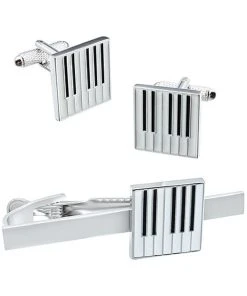 Onyx Art Men Set Cufflinks With Tie Bar Music Keyboard Black White