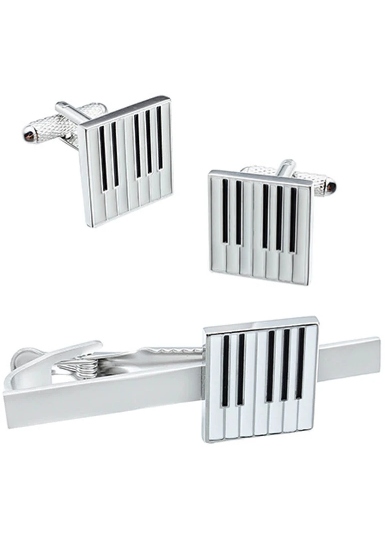 Onyx Art Men Set Cufflinks With Tie Bar Music Keyboard Black White