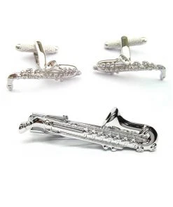New In Onyx Art Men Set Cufflinks With Tie Bar Saxophone Silver