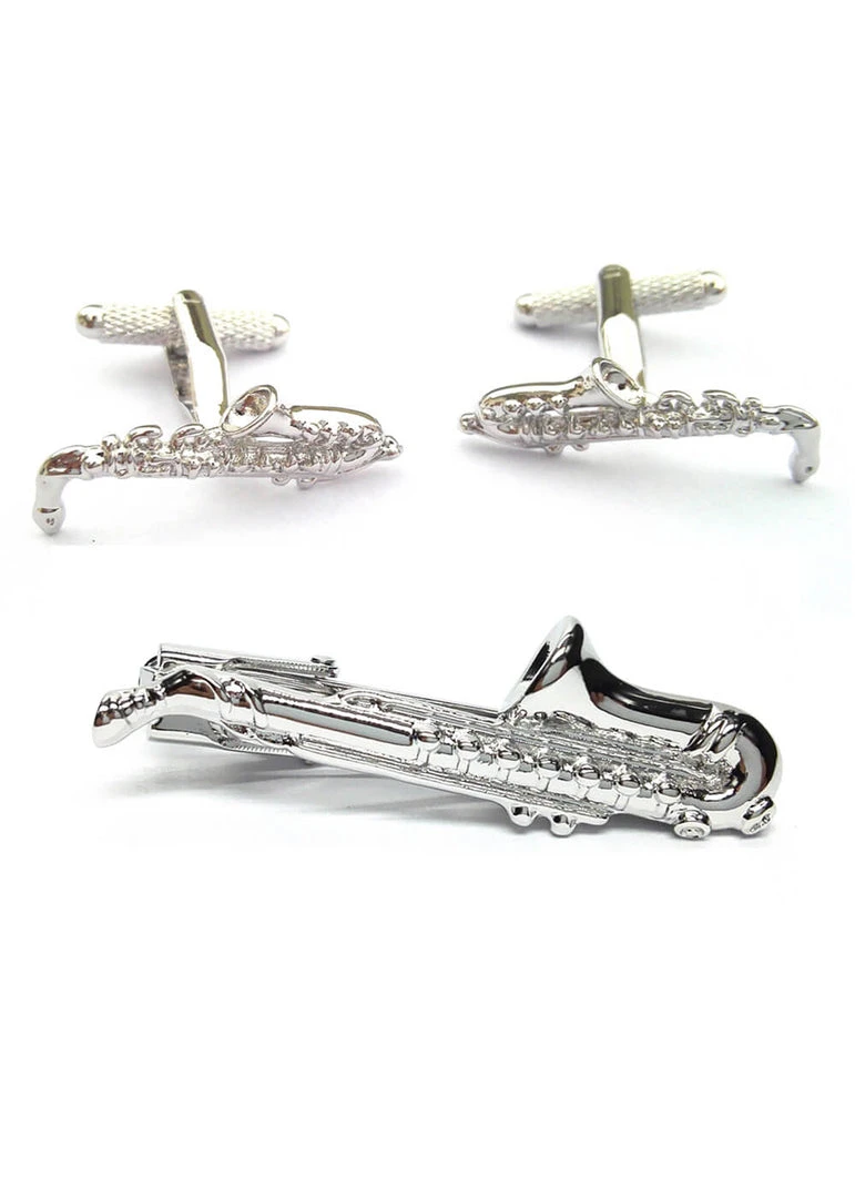 New In Onyx Art Men Set Cufflinks With Tie Bar Saxophone Silver