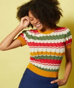 New In Palava Eve Zigzag Knitted 70's Top Red Mustard