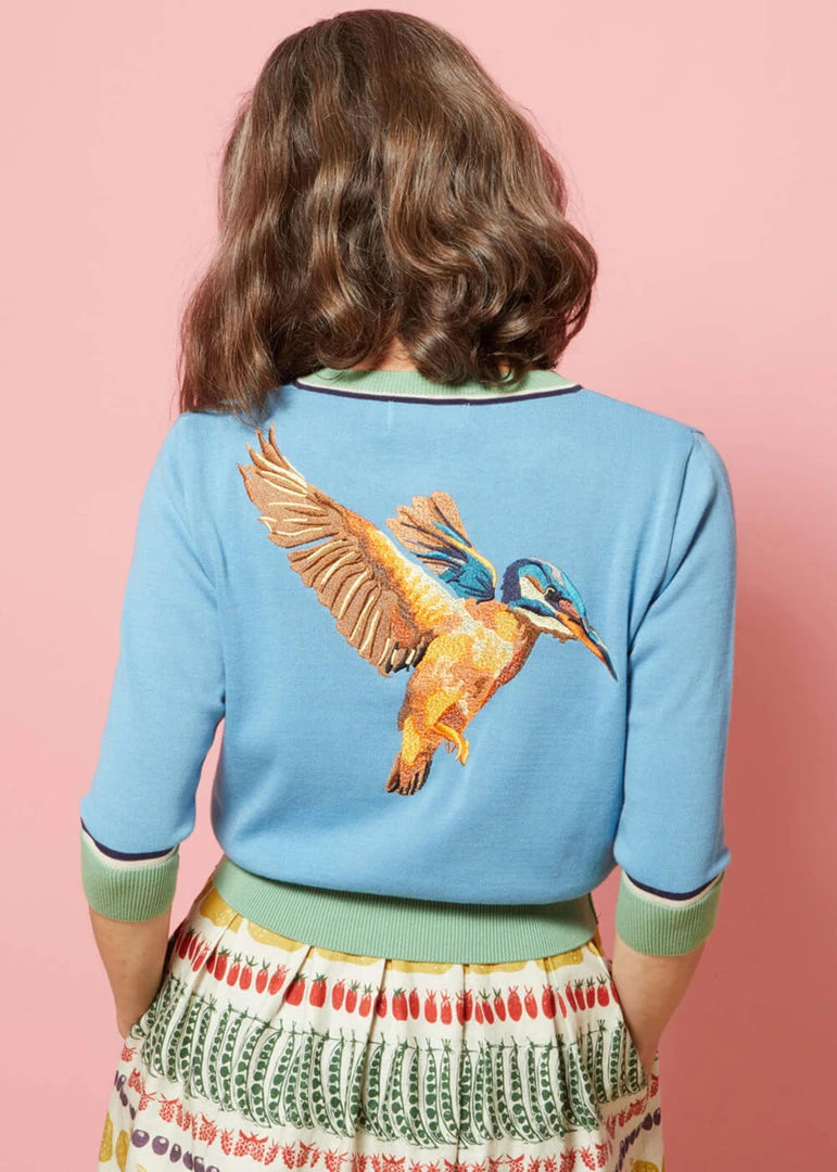 Palava Vera Cardigan Kingfisher Bird 40's Cardigan Chalk Blue New In