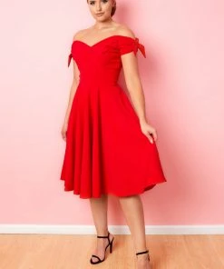 Pretty Dress Company Fatale Bow 50's Midi Swing Dress Red New In