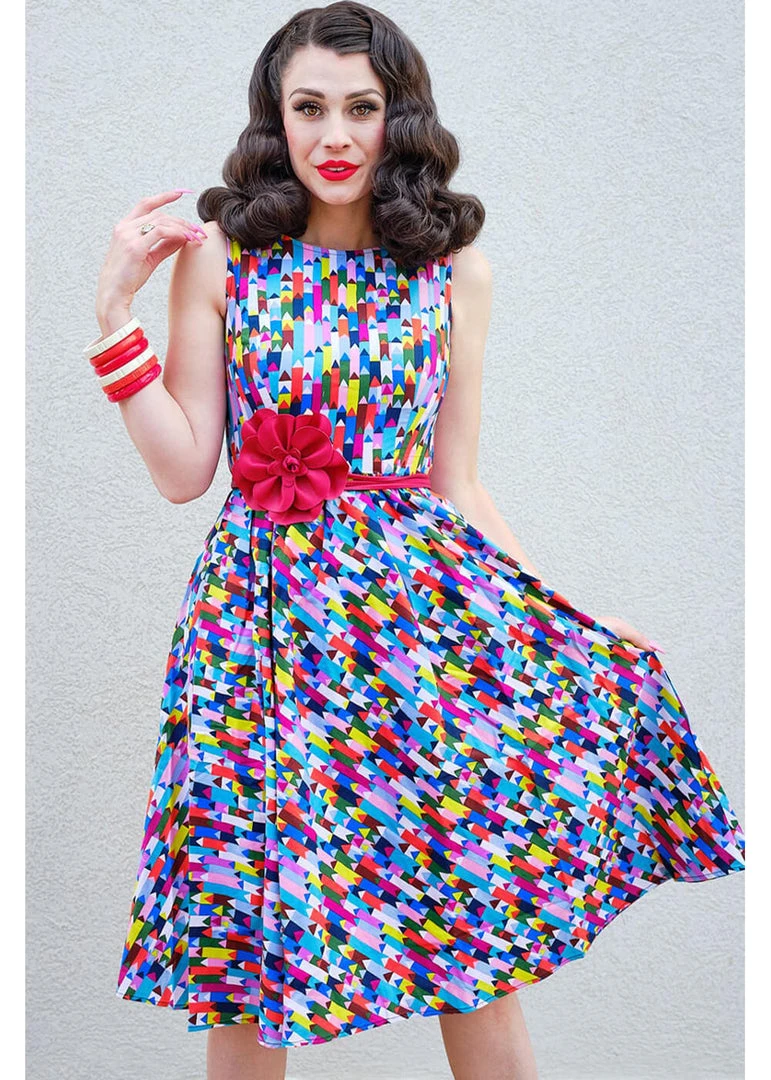 Retrolicious Pencils Midi 50's Swing Dress Multi New In