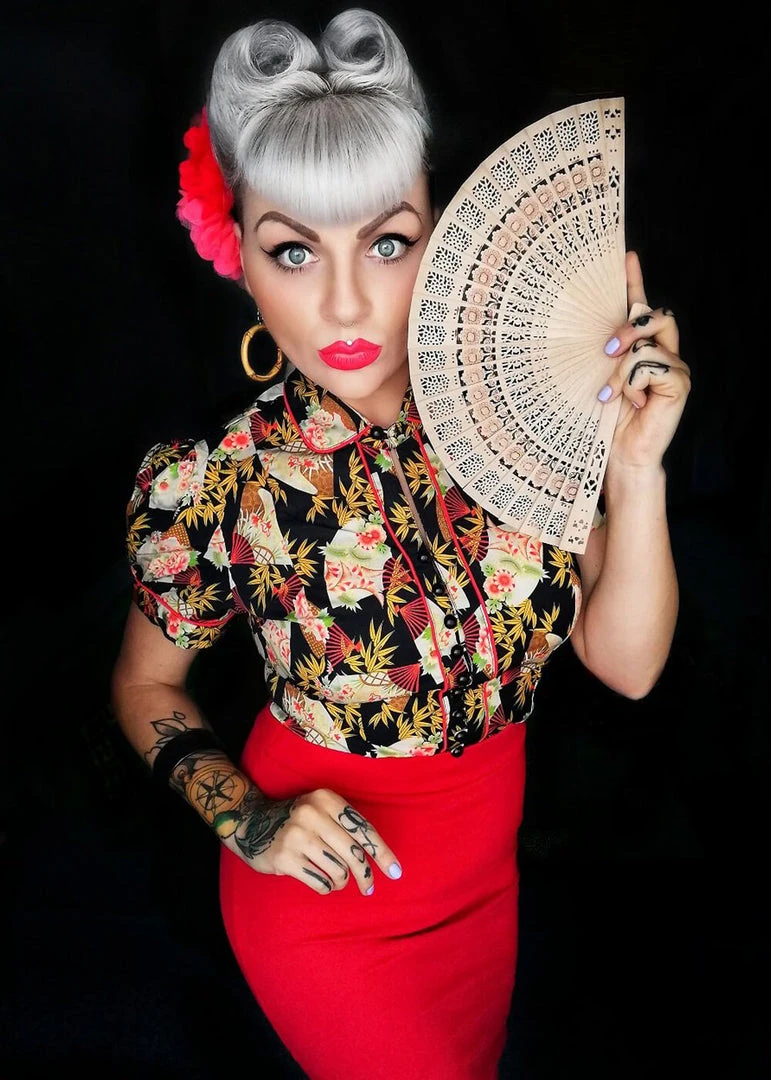 Rock N Romance Margot Japanese Fan 50's Blouse Black