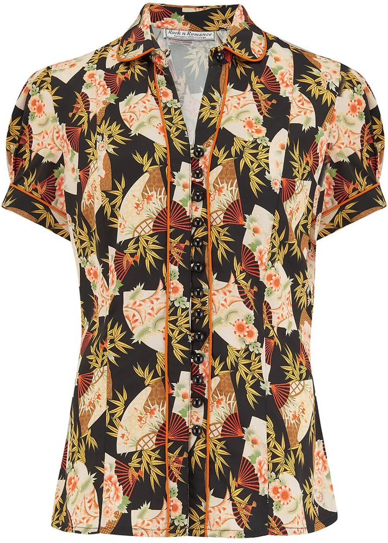 Rock N Romance Margot Japanese Fan 50's Blouse Black