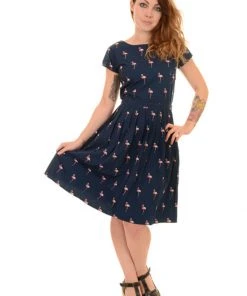 Run And Fly Flamingo Pose 50's Dress Navy New In