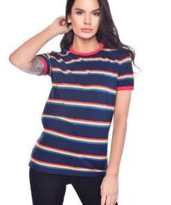 Run And Fly Retro Rainbow Block 70's T-Shirt Navy Blue