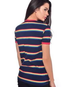 Run And Fly Retro Rainbow Block 70's T-Shirt Navy Blue