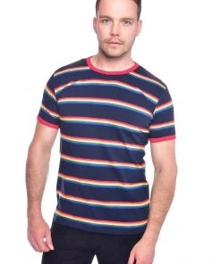 Run And Fly Retro Rainbow Block 70's T-Shirt Navy Blue