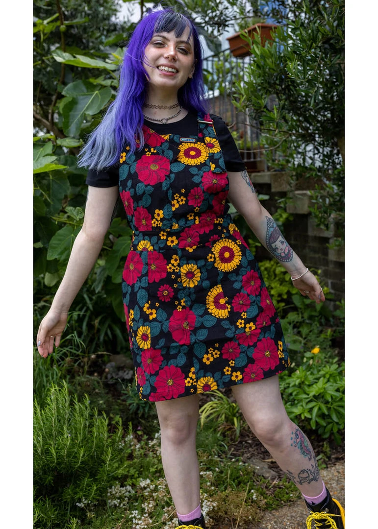 Run And Fly Retro Floral Corduroy 60's Pinafore Dress Black