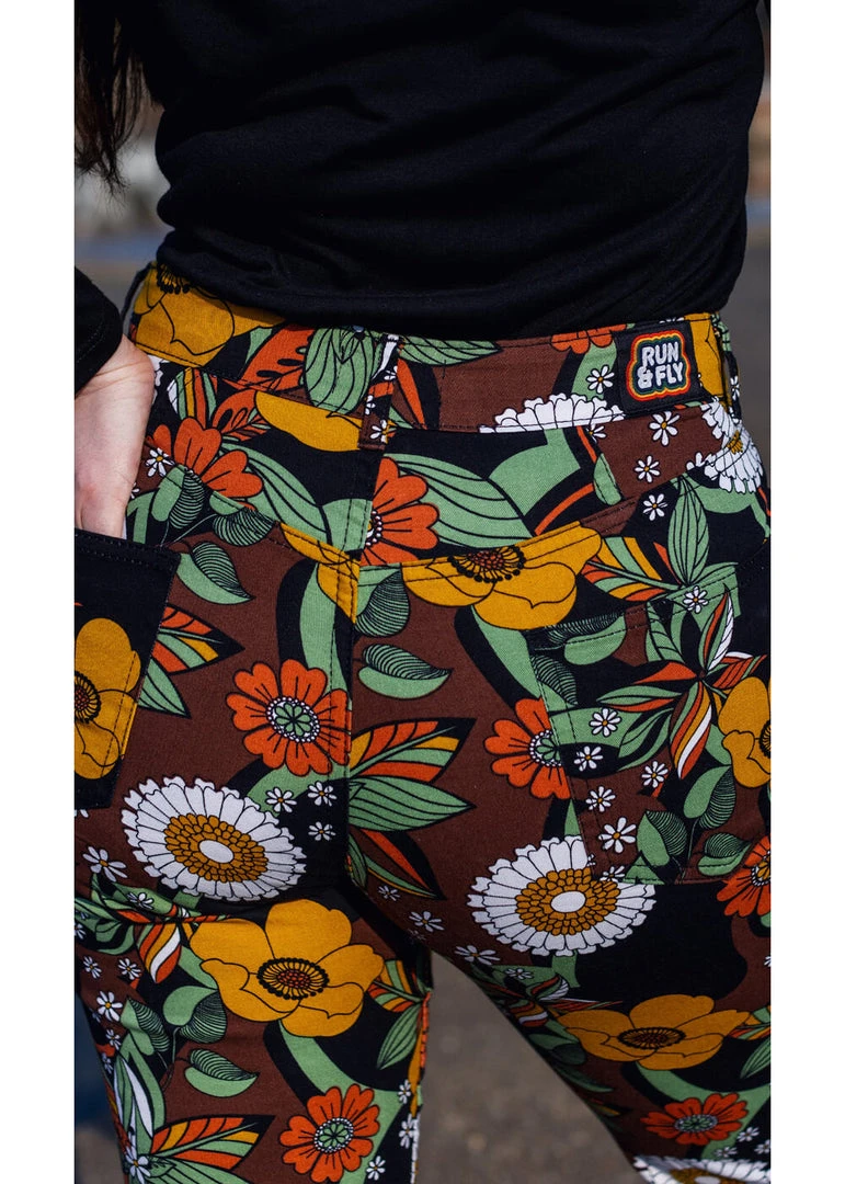 Run And Fly New In Run & Fly 70's Floral Flare Trousers Brown