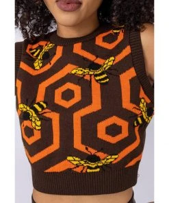 Run And Fly Run & Fly Honeycomb Bee Cropped Knitted 70's Tank Top Black New In