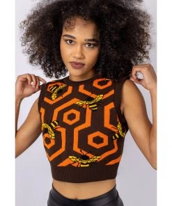 Run And Fly Run & Fly Honeycomb Bee Cropped Knitted 70's Tank Top Black New In