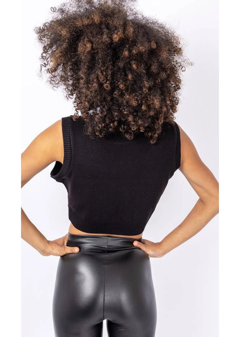 Run And Fly New In Run & Fly Argyle Roses Cropped Knitted 70's Tank Top Black