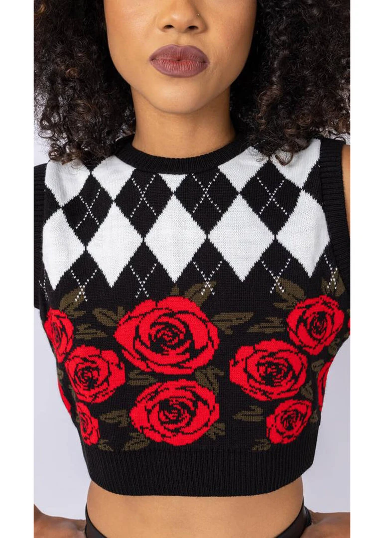 Run And Fly New In Run & Fly Argyle Roses Cropped Knitted 70's Tank Top Black