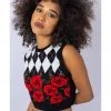Run And Fly New In Run & Fly Argyle Roses Cropped Knitted 70's Tank Top Black