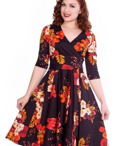 Sheen Saloni Floral 50's Swing Dress Burgundy