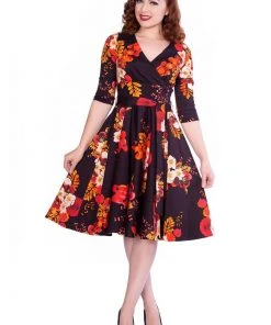 Sheen Saloni Floral 50's Swing Dress Burgundy