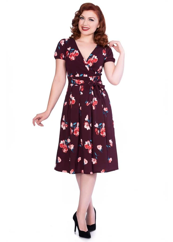 New In Sheen Tilly Floral 50's Swing Dress Burgundy