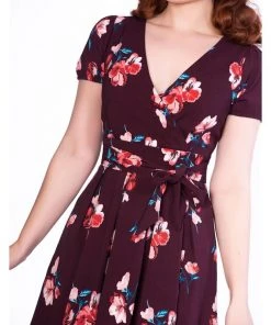 New In Sheen Tilly Floral 50's Swing Dress Burgundy