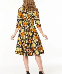Sheen Timeless Barbara Floral 50's Swing Dress Black