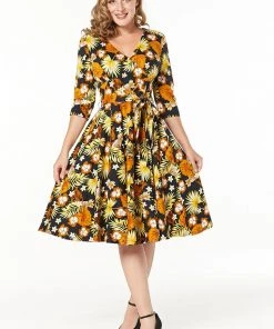 Sheen Timeless Barbara Floral 50's Swing Dress Black